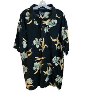 Island Tropical Polo Shirt Mens XL Black Floral Vacation Resortwear